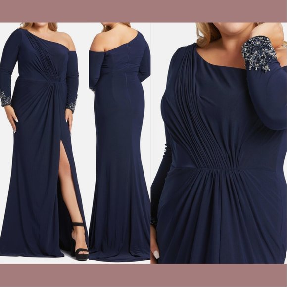 NWT Mac Duggal [ Plus 18W ] Ruched‎ One-Shoulder Long-Sleeve Gown Blue - Picture 1 of 16